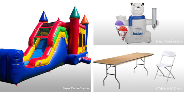 Bounce House with Slide + Snow Cone Machine Package 